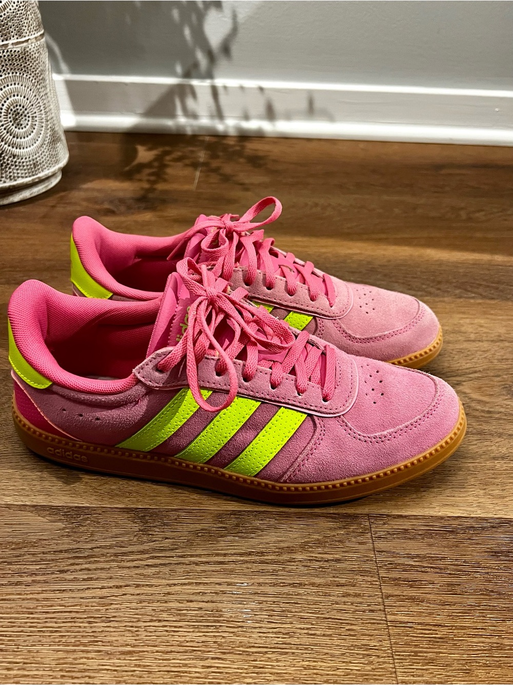 adidas Pink Suede Sneakers with Neon Yellow Stripes